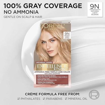 L’Oreal Paris Excellence Universal Nudes Permanent Hair Color, Ammonia Free Hair Dye for Gray Hair Coverage, 9N Natural Light Blonde, 1 Hair Dye Kit