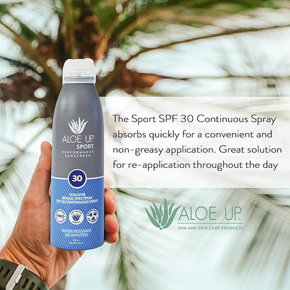 Aloe Up Sport Continuous Spray Sunscreen SPF 30 - Broad Spectrum UVA/UVB Sunscreen Protector for Face and Body - With Aloe Vera Gel - Fast Absorbing Sheer Formula - Reef Safe - Fragrance-Free - 6 Oz