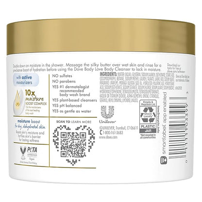 Dove Body Love Shower Cleansing Butter Moisture Boost Cleanser for Dry Skin Silkier than Body Wash with Hyaluronic Acid and Moringa Oil 10 oz