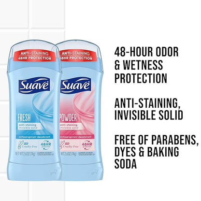 Suave Deodorant Women, Antiperspirant, Powder and Fresh Bundle, 48-Hour Odor & Wetness Protection, with Essential Oils, anti-staining, no baking soda Bundle 4 x 2.6 oz