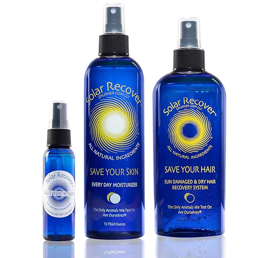 After Sun Moisturizing Spray & Hair Detangler Combo (3 Pack) - 12oz Full Size + 2oz Travel Size Hydrating Facial and Body Mist for Sunburn Relief + 8oz All Natural Leave-In Conditioner