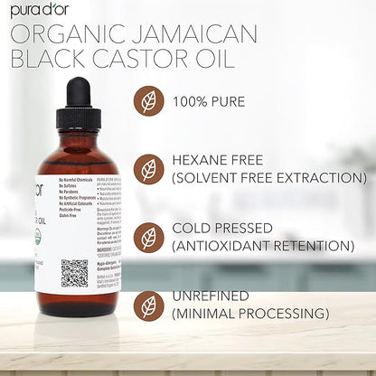 PURA D'OR 4 Oz ORGANIC Jamaican Black Castor Oil - Natural Smoky Scent - w/ 2 BONUS Empty Brushes - 100% Pure USDA Certified Cold Pressed & Roasted, Hexane Free Eyelash & Eyebrow Serum