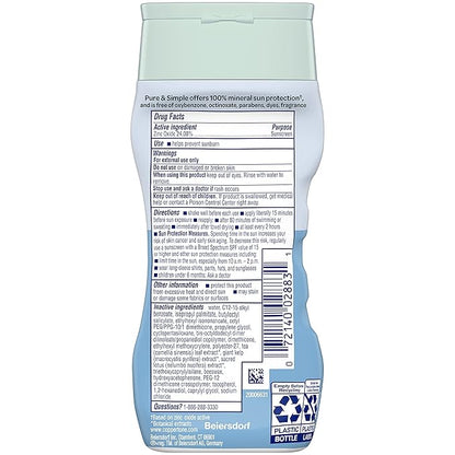 Coppertone Pure and Simple Zinc Oxide Mineral Sunscreen Lotion SPF 50, Body Sunscreen, Water Resistant, Broad Spectrum SPF 50 Sunscreen for Sensitive Skin, 6 Fl Oz Bottle