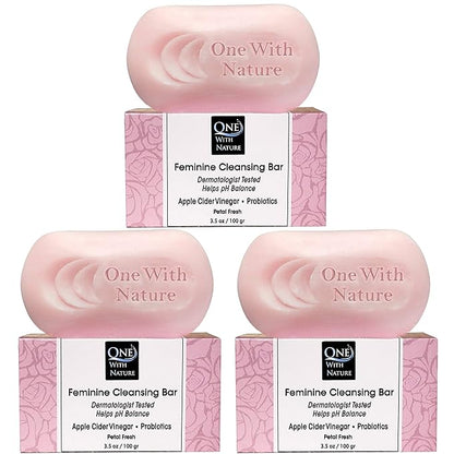One With Nature Feminine Cleansing Bar, Petal Fresh, Probiotics, Apple Cider Vinegar, Omega Fatty Acids, Oatmeal, Pure, Gentle Cleansing Bar for Sensitive Skin, Face, Body, 3.5 Oz (Pack of 3)
