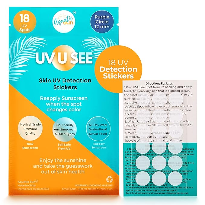UV Stickers for Sunscreen Reapplication to Avoid Burns - Sunscreen Reminder Stickers You Can Wear All Day - Sweat & Waterproof UV Activated Sunscreen Stickers - UV Sticker Aquatic Sun (Pack of 4)