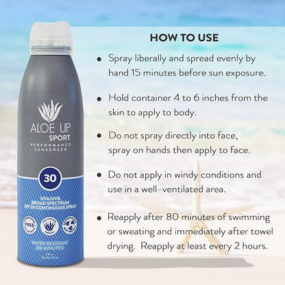 Aloe Up Sport Continuous Spray Sunscreen SPF 30 - Broad Spectrum UVA/UVB Sunscreen Protector for Face and Body - With Aloe Vera Gel - Fast Absorbing Sheer Formula - Reef Safe - Fragrance-Free - 6 Oz