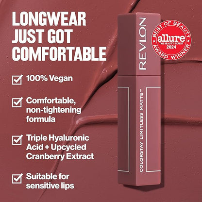 Revlon ColorStay Limitless Matte Liquid Lipstick, Vegan Formula, No-Budge, Longwear Lip Color, Long Lasting, Lightweight/Comfortable, Waterproof, 007 Icon Era, 0.17 fl oz