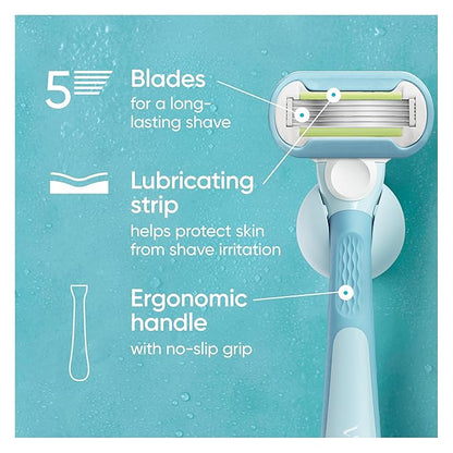 Gillette Venus Extra Smooth Razor for Women, Includes 1 Reusable Razor Handle + 4 Refills, 5-Bladed, Ergonomic No-Slip Gel Handle and Shower Holder