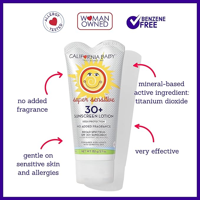 California Baby Super Sensitive Sunscreen + Natural Bug Spray | 2.9oz Unscented SPF 30+ Mineral Sunscreen + 6.5oz Natural Bug Repellent | Hypoallergenic | Formulated for Sensitive Skin