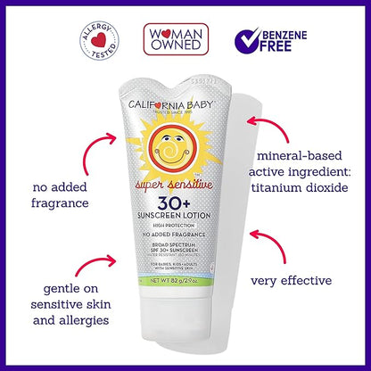 California Baby Super Sensitive Sunscreen + Natural Bug Spray | 2.9oz Unscented SPF 30+ Mineral Sunscreen + 6.5oz Natural Bug Repellent | Hypoallergenic | Formulated for Sensitive Skin