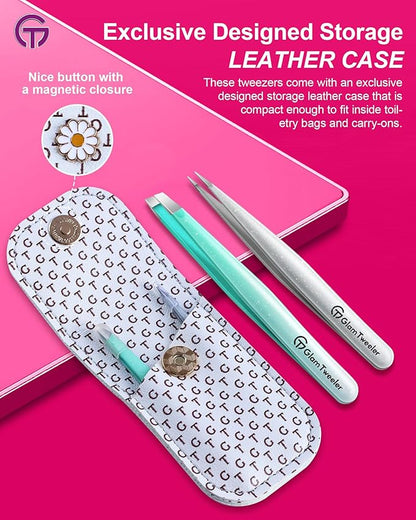 Expert Slant and Point Tip Tweezer Set with Exclusive Storage & Carrying Case, GlamTweeler Sharp & Precision Tweezer Set for Eyebrows, Facial Hairs & Fine Hairs Removal (Sparkle Mint Green + Silver)