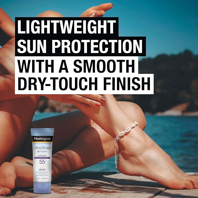 Neutrogena Ultra Sheer Dry-Touch Sunscreen Lotion, Broad Spectrum SPF 55 UVA/UVB Protection, Lightweight Water Resistant Face & Body Sunscreen, Non-Greasy, Travel Size, 3 fl. oz