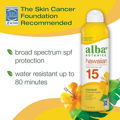 Alba Botanica Sunscreen Spray for Face and Body, Broad Spectrum SPF 15 Sunscreen, Hawaiian Coconut, Water Resistant and Biodegradable, 5 fl. oz. Bottle