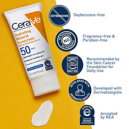 CeraVe 100% Mineral Sunscreen SPF 50 | Face sunscreen With Zinc Oxide & Titanium Dioxide | Hyaluronic Acid + Niacinamide + Ceramides | Oil Free Sunscreen For Face | Travel Size Sunscreen 2.5 oz