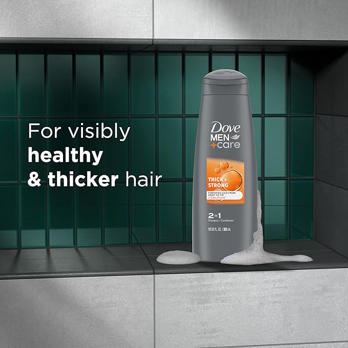 DOVE MEN + CARE Fortifying 2 in 1 Shampoo and Conditioner for Resilient and Thicker Hair Thick and Strong with Caffeine Helps Strengthen Thinning Hair 12 oz, Pack of 6