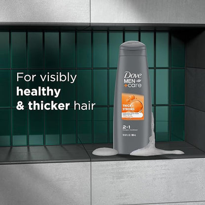 DOVE MEN + CARE Fortifying 2 in 1 Shampoo and Conditioner for Resilient and Thicker Hair Thick and Strong with Caffeine Helps Strengthen Thinning Hair 12 oz, Pack of 6