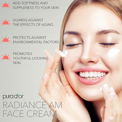 PURA D'OR 1.7 Oz Radiant Glow AM Face Cream - Methylene Blue, Polyphenols, Flavonoids, Apple Stem Cell Extract - Aloe Vera Base Anti-Aging Morning Moisturizer - Daily Facial Treatment For Women & Men