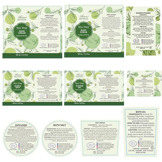Spa Gift Basket - Tea Tree Bath Set With Shower Gel, Bubble Bath, Hand Cream, Soap, Salt, Essential Oil - Luxury Body Gift Kit for Women