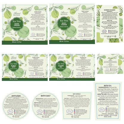 Spa Gift Basket - Tea Tree Bath Set With Shower Gel, Bubble Bath, Hand Cream, Soap, Salt, Essential Oil - Luxury Body Gift Kit for Women