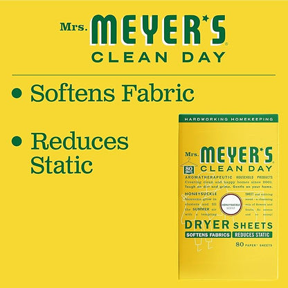 MRS. MEYER'S CLEAN DAY Dryer Sheets, Fabric Softener, Reduces Static, Infused with Essential Oils, Honeysuckle, 80 Count
