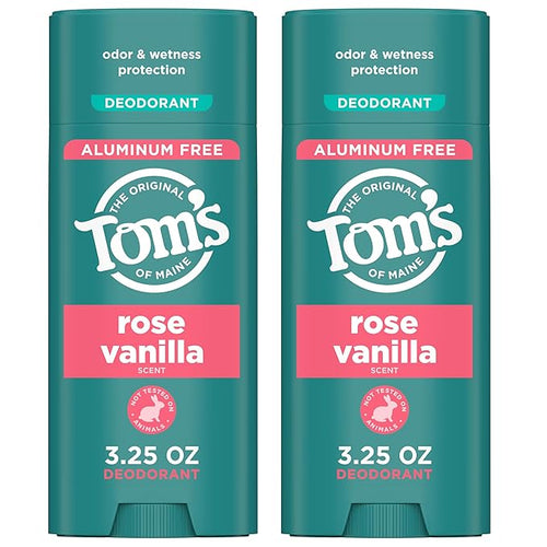 Tom's of Maine Rose Vanilla Aluminum Free Natural Deodorant For Women & Men | Goes on Clear | Odor & Wetness Protection | Naturally Derived and Moisture-Locking Ingredients | 3.25 oz (2 Pack)