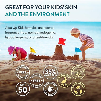 Aloe Up Kids Continuous Sport Sunscreen Spray SPF 50 - Broad Spectrum Sheer Face and Body Sunscreen Protector for Sensitive Skin - With Aloe Vera Gel - Dries Fast - Reef Safe - Fragrance-Free - 6 Oz