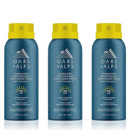 Oars + Alps Travel Sunscreen Spray for Face & Body, SPF 50 Spray Sunscreen Infused with Vitamin C & Antioxidants, No White Residue, Water & Sweat Resistant, Lightweight, Hydrating, 1.87oz, 3pk