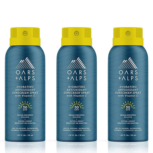 Oars + Alps Travel Sunscreen Spray for Face & Body, SPF 50 Spray Sunscreen Infused with Vitamin C & Antioxidants, No White Residue, Water & Sweat Resistant, Lightweight, Hydrating, 1.87oz, 3pk