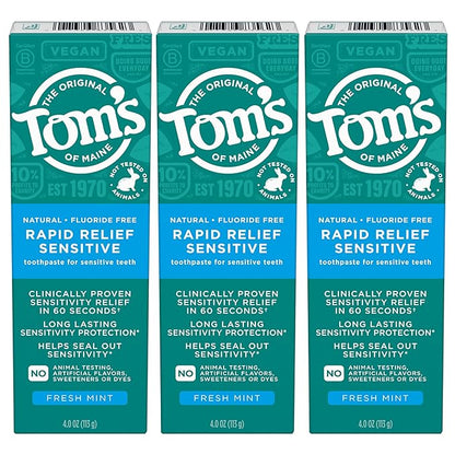 Tom's of Maine Fluoride-Free Rapid Relief Sensitive Toothpaste, Fresh Mint, 4 oz. 3-Pack (Packaging May Vary)