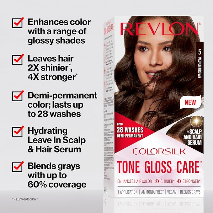 Revlon ColorSilk Tone + Gloss + Care Demi Permanent Hair Color, Dye Kit with Leave-In Scalp and Haircare Serum, 2x Shinier, 4x Stronger, 4RV Burgundy, 4.5 fl oz