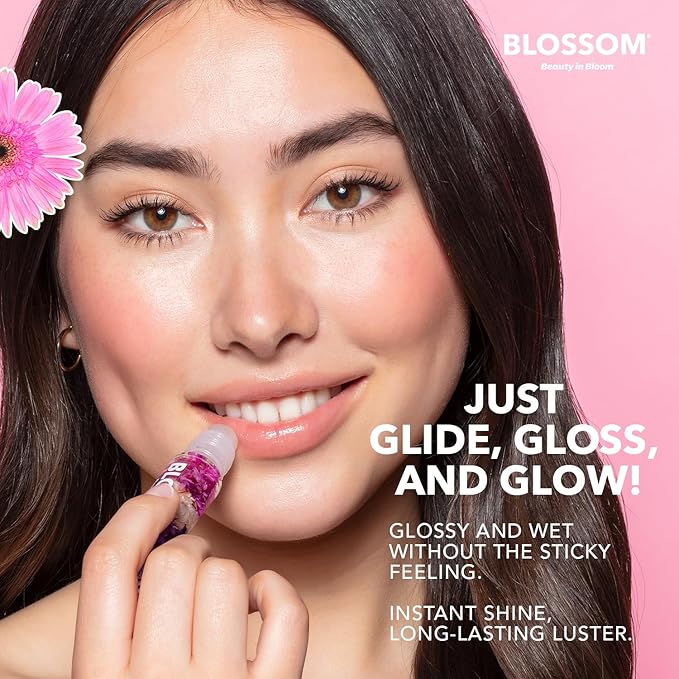 Blossom Roll on Lip Gloss, Scented Clear High Shine Moisturizing Lip Oil, Non Sticky, Infused with Real Flowers, Made in USA, 0.2oz, Coconut