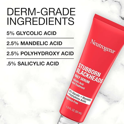 Neutrogena Stubborn Blackheads Daily Acne Facial Serum with Salicylic, Glycolic, Polyhydroxy & Mandelic Acids, Oil-Free Face Serum for Acne-Prone Skin to Help Clear Clogged Pores, 1 fl. oz