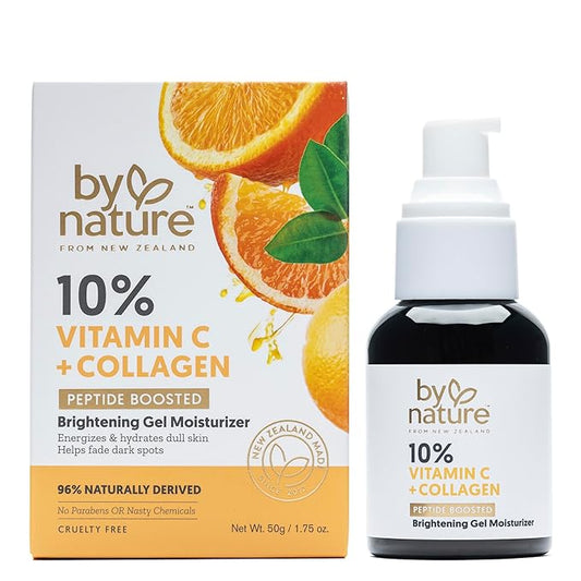 By Nature Gel Face Moisturizer - 10% Vitamin C + Collagen Peptide Brightening Moisturizer for Face and Neck - Energize and Hydrate Dull Skin + Fade Dark Spots - Dry Skin Face moisturizer Gel