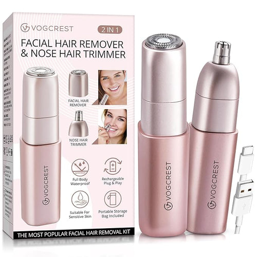 Facial - Nose Hair Remover Women: 2 in 1 Painless Electric Face Shaver and Nose Trimmer - Rechargeable Hair Removal Tool for Face Nose Ear Peach Fuzz Lips Chin