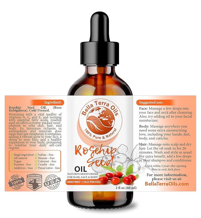 Bella Terra Oils Organic Rosehip Oil for Face, Pure Cold-Pressed Rose Hip Seed Oil for Skin & Hair, Natural Moisturizer & Anti-Aging Facial Oil