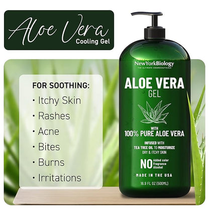 New York Biology Aloe Vera Gel for Face, Skin and Hair - Infused with Tea Tree Oil - From Fresh Aloe Vera Plant - Moisturizing Aloe Vera for Sunburn Relief and Dry Skin - 16.9 Fl Oz
