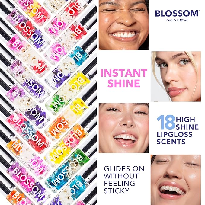 Blossom Roll on Lip Gloss, Scented Clear High Shine Moisturizing Lip Oil, Non Sticky, Infused with Real Flowers, Made in USA, 0.2oz, Strawberry