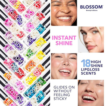 Blossom Roll on Lip Gloss, Scented Clear High Shine Moisturizing Lip Oil, Non Sticky, Infused with Real Flowers, Made in USA, 0.2oz, Strawberry