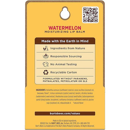 Burt's Bees Lip Balm - Watermelon, Lip Moisturizer With Responsibly Sourced Beeswax, Tint-Free, Natural Origin Conditioning Treatment, 2 Tubes, 0.15 oz.