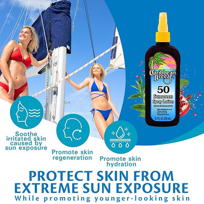 Caribbean Breeze Sunscreen Spray SPF 50 Lotion, Mango Scent Lime Fragrance Tanning Sunscreen Spray On Sunscreen with Green Tea & Pomegranate Extracts, 8.5 oz (250 ml)