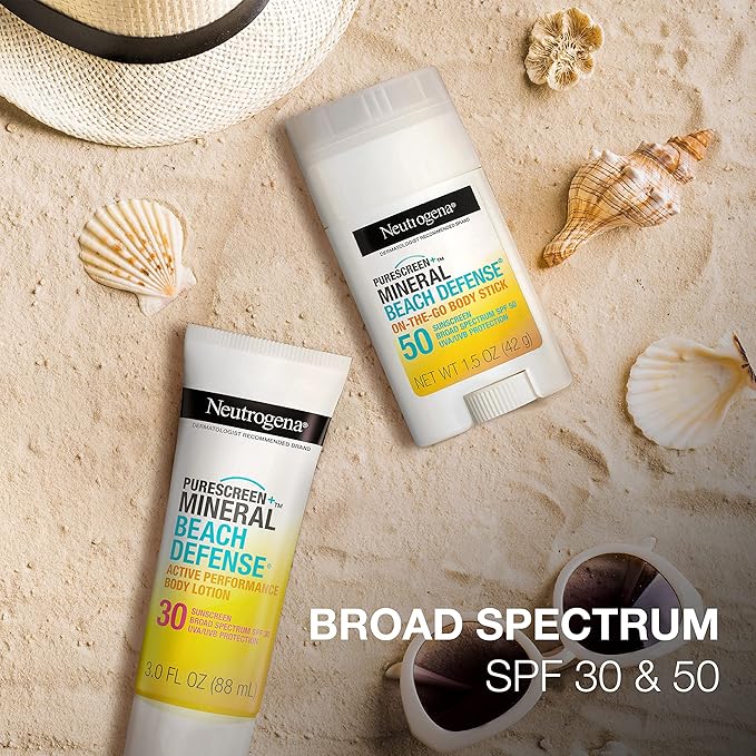 Neutrogena Purescreen+ Mineral Beach Defense On-The-Go Body Sunscreen Stick with Broad Spectrum SPF 50, Water Resistant UVA/UVB Protection, Absorbs Quickly & Dries Clear, 1.5 oz