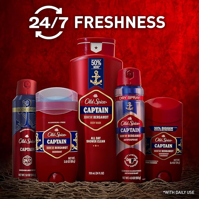 Old Spice Antiperspirant Deodorant for Men, 24/7 Sweat & Odor Protection, 24/7 Lasting Freshness, Invisible Solid, Captain with Bergamot Scent, 2.6 oz (Pack of 6)